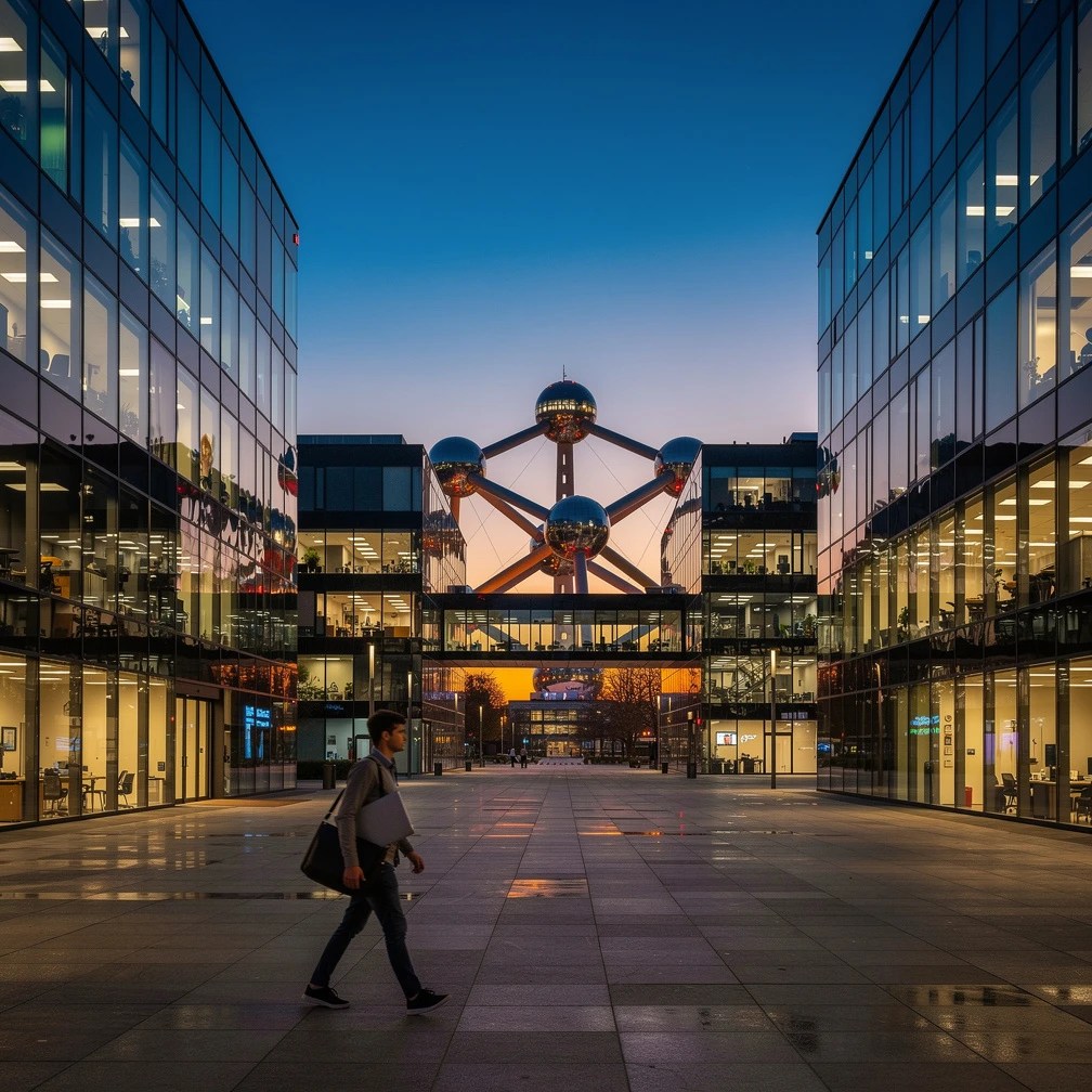 Brussels EU tech quarter at dusk with cross-border internship compliance 2026