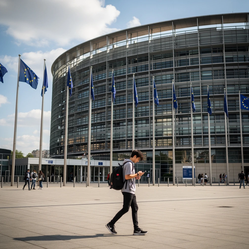 Student walking in front of the European Parliament building in Strasbourg, Erasmus+ traineeship 2026