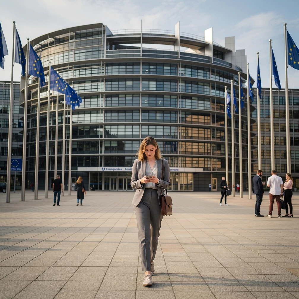 Student walking in front of the European Parliament building in Strasbourg, Erasmus+ traineeship 2026