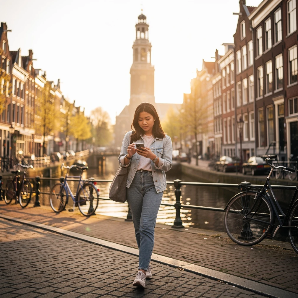 Indonesian students arriving at a European university building