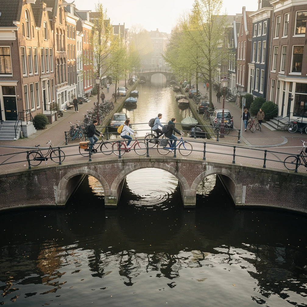 Amsterdam canal district with cyclists and students