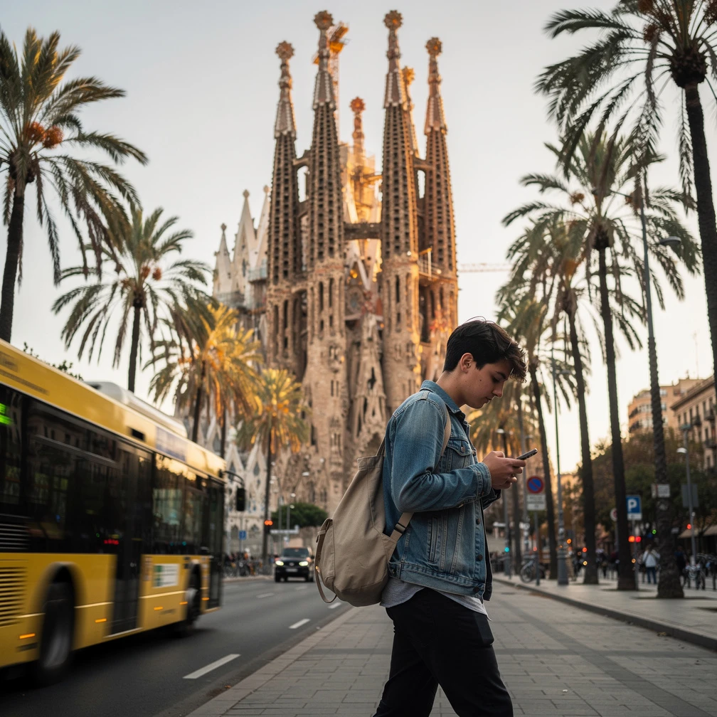 Exchange student walking near the Sagrada Familia in Barcelona, representing Spanish higher education mobility