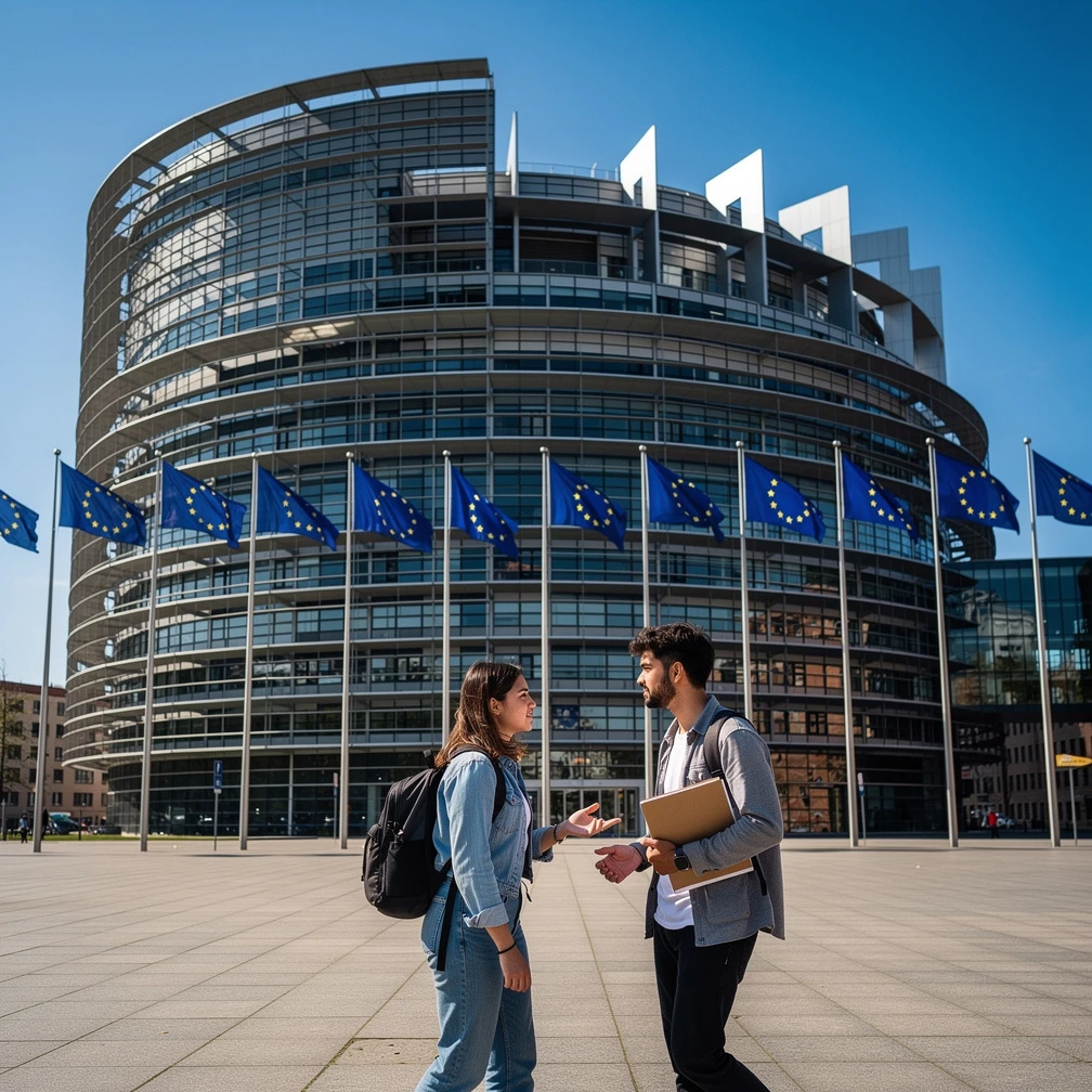 University students walk across the plaza in front of the European Parliament building in Strasbourg 2026