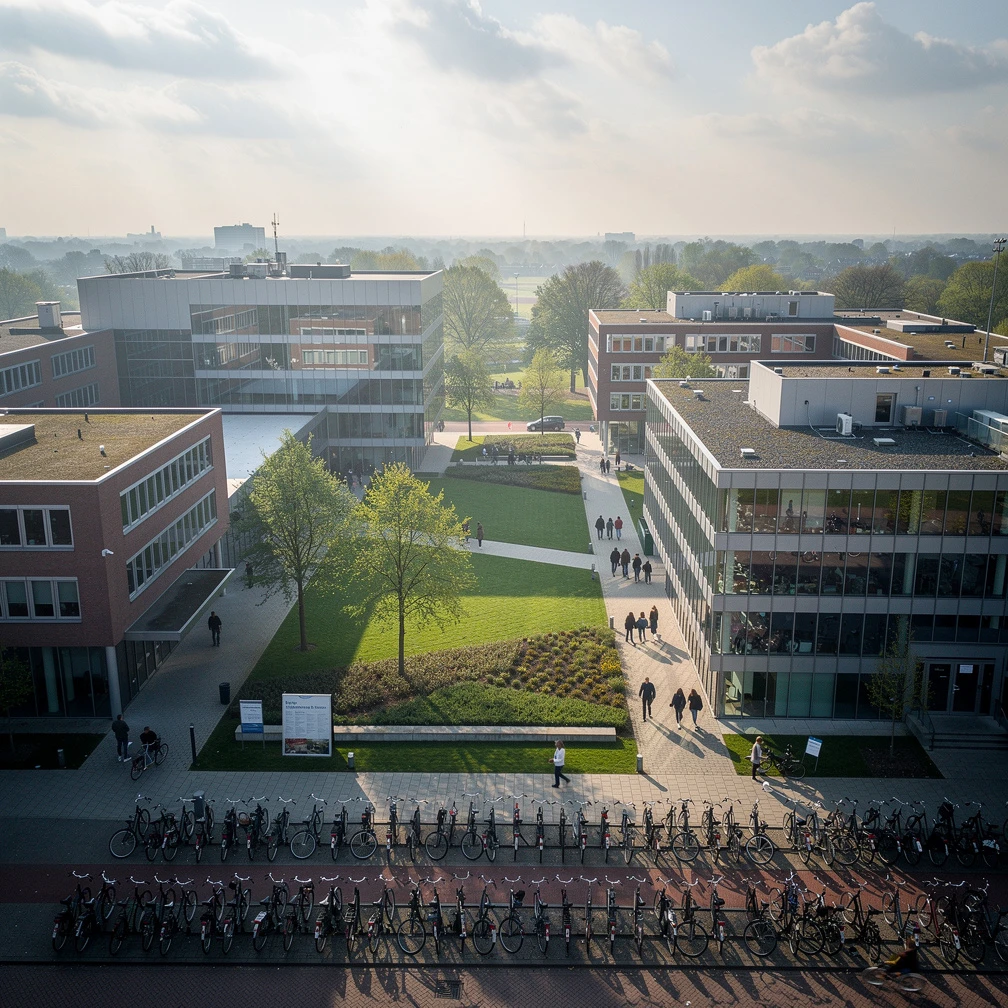 TU Delft campus architecture with cyclists and green spaces